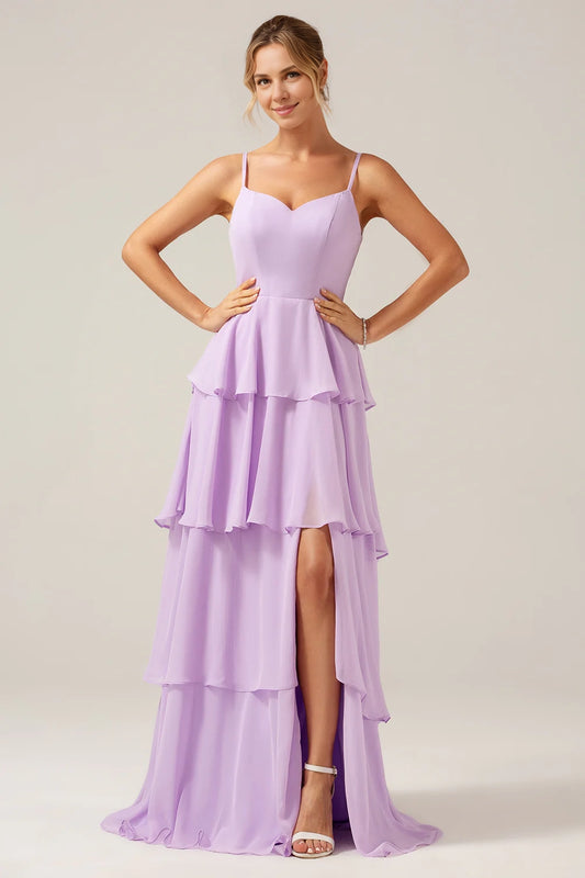 OKBBN charming A-line thin shoulder strap layered floor opening Bridesmaid Dresses