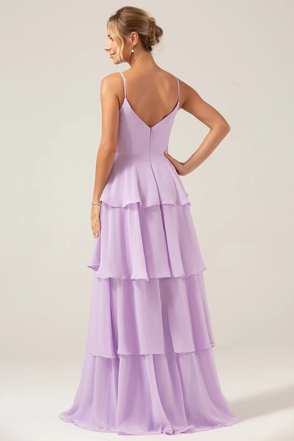 OKBBN charming A-line thin shoulder strap layered floor opening Bridesmaid Dresses