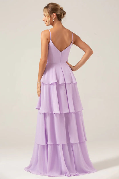 OKBBN charming A-line thin shoulder strap layered floor opening Bridesmaid Dresses
