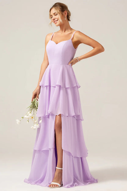 OKBBN charming A-line thin shoulder strap layered floor opening Bridesmaid Dresses