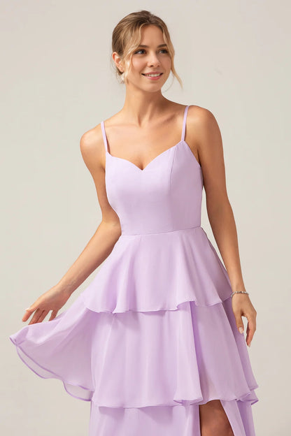 OKBBN charming A-line thin shoulder strap layered floor opening Bridesmaid Dresses