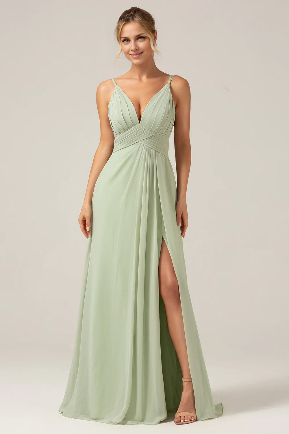 OKBBN charming A-line thin shoulder strap pleated chiffon slit long Bridesmaid Dresses