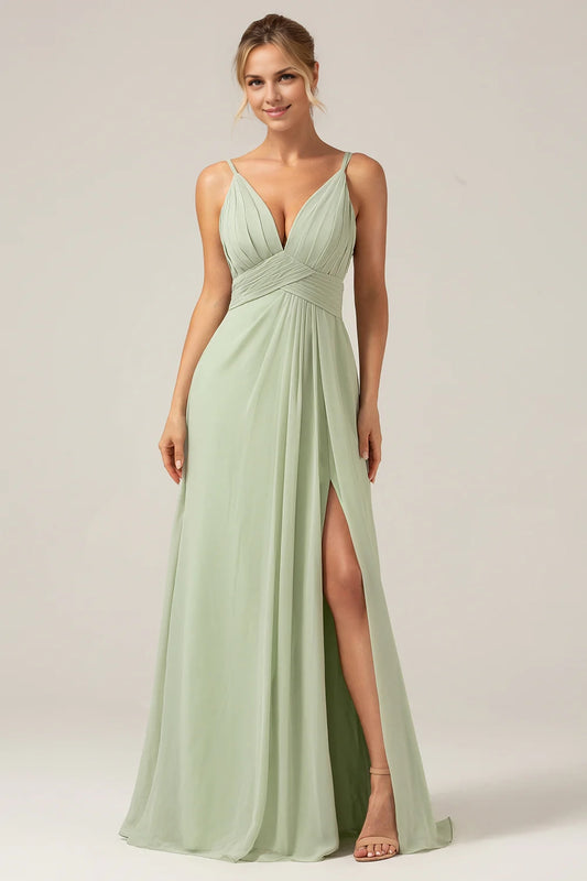 OKBBN charming A-line thin shoulder strap pleated chiffon slit long Bridesmaid Dresses