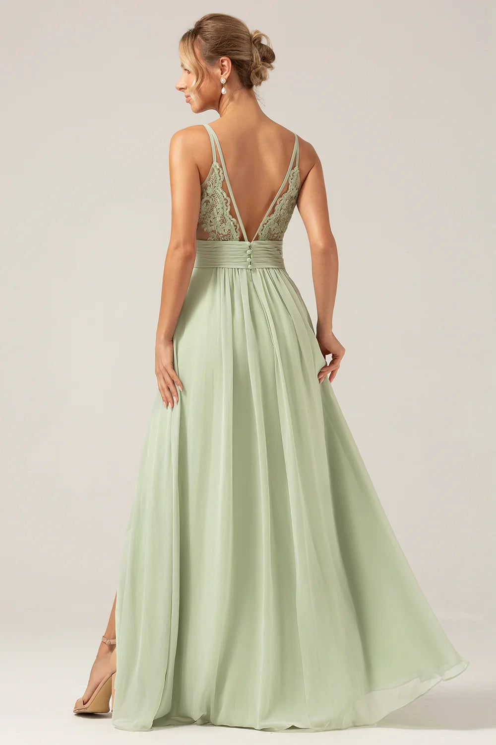 OKBBN charming A-line thin shoulder strap pleated chiffon slit long Bridesmaid Dresses