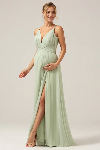 OKBBN charming A-line thin shoulder strap pleated chiffon slit long Bridesmaid Dresses