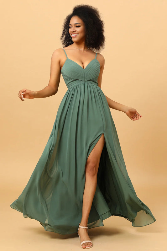 OKBBN charming A-line thin shoulder strap pleated long chiffon slit Bridesmaid Dresses