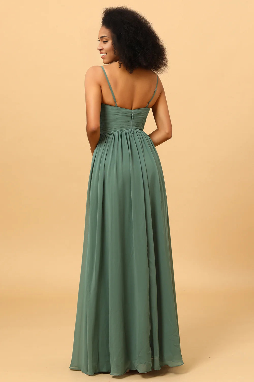 OKBBN charming A-line thin shoulder strap pleated long chiffon slit Bridesmaid Dresses