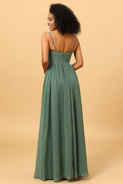 OKBBN charming A-line thin shoulder strap pleated long chiffon slit Bridesmaid Dresses