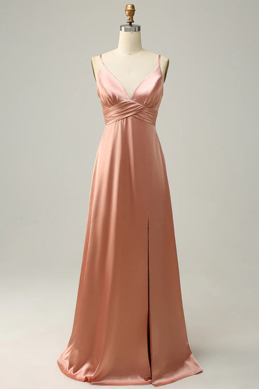 OKBBN charming A-line thin shoulder strap pleated long satin slit Bridesmaid Dresses