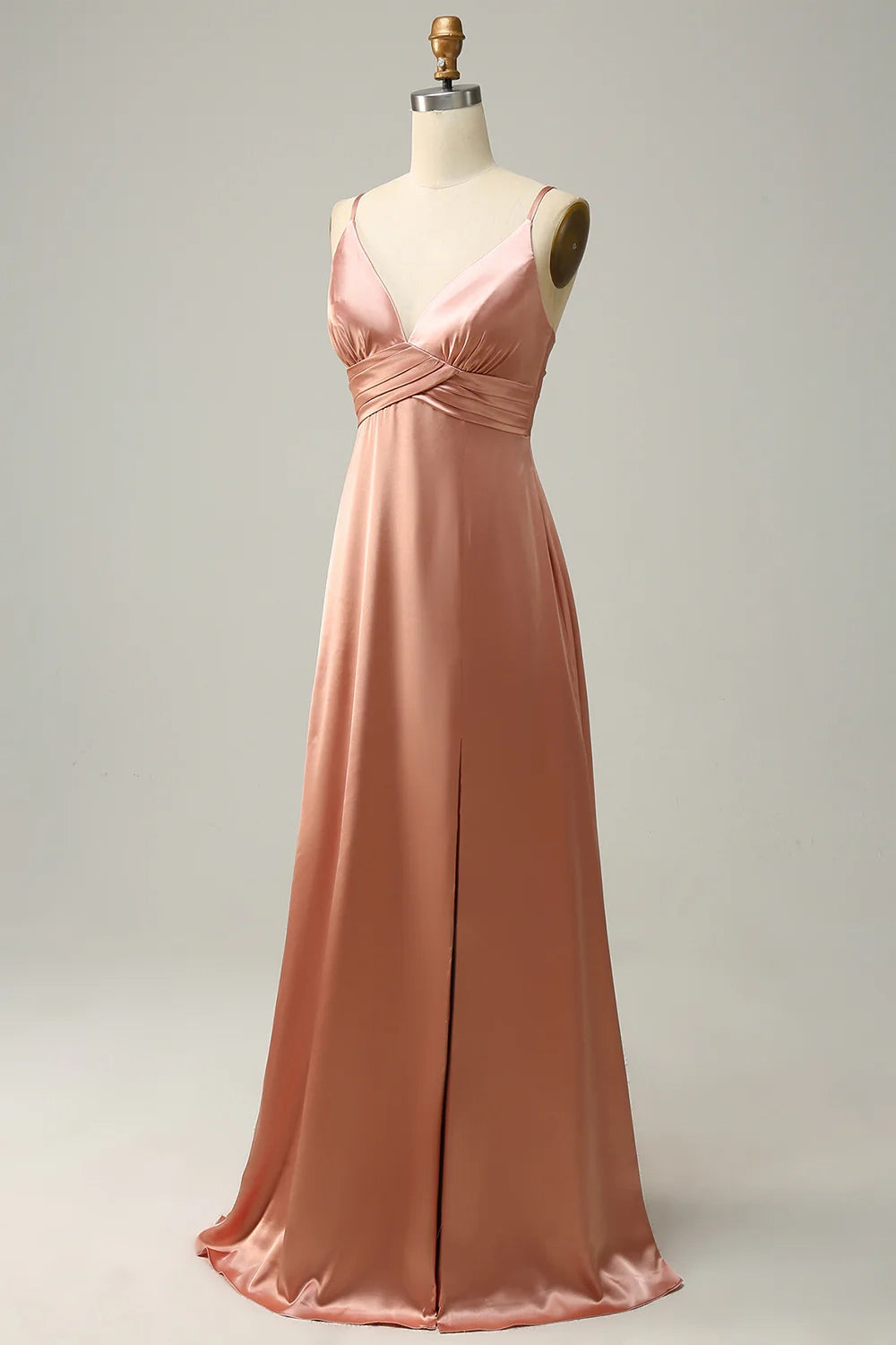 OKBBN charming A-line thin shoulder strap pleated long satin slit Bridesmaid Dresses