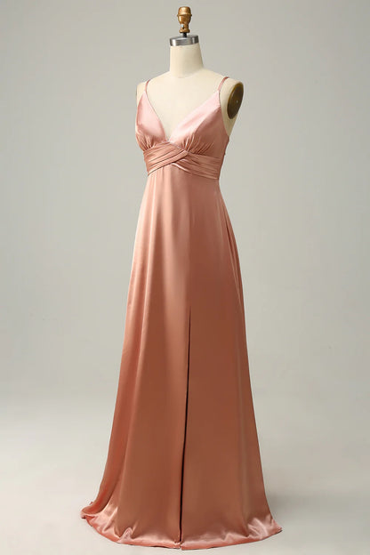 OKBBN charming A-line thin shoulder strap pleated long satin slit Bridesmaid Dresses