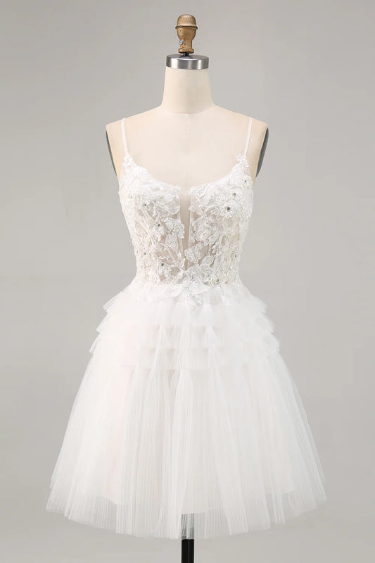 OKBBN charming A-line thin shoulder strap sheer sequin short Homecoming Dresses
