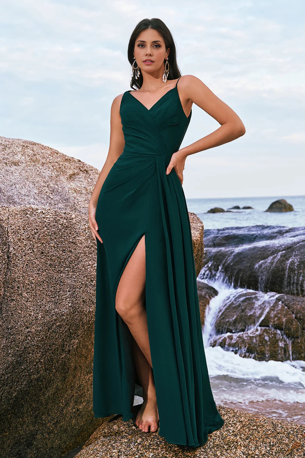 OKBBN charming A-shaped Huatuo trailing long chiffon slit Bridesmaid Dresses