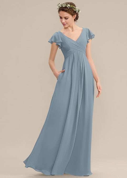 OKBBN charming V-neck long bubble sleeves backless Prom Dresses