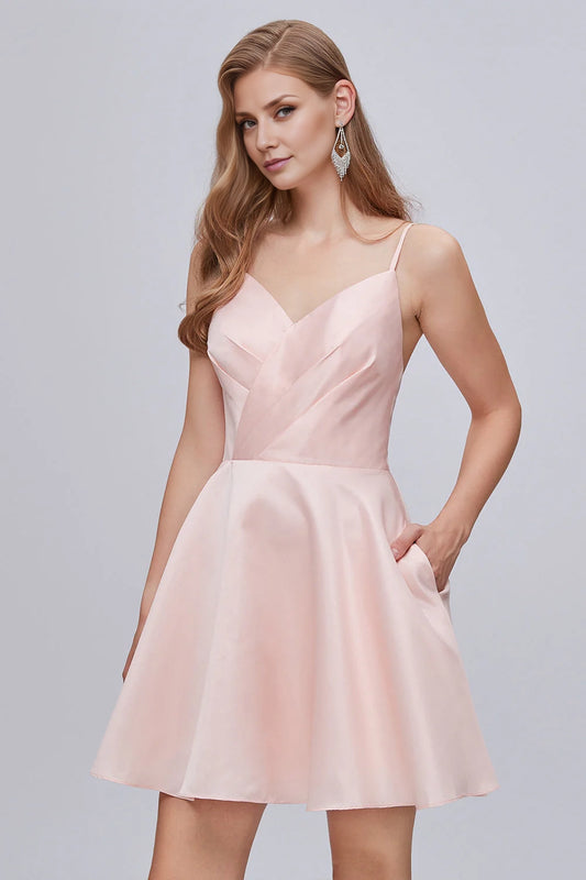 OKBBN charming V-neck thin shoulder strap A-line lace up short Homecoming Dresses