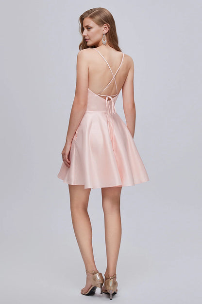 OKBBN charming V-neck thin shoulder strap A-line lace up short Homecoming Dresses