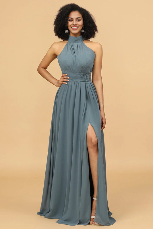 OKBBN charming backless pleated long chiffon slit Bridesmaid Dresses