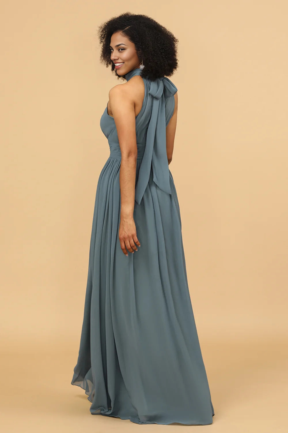 OKBBN charming backless pleated long chiffon slit Bridesmaid Dresses
