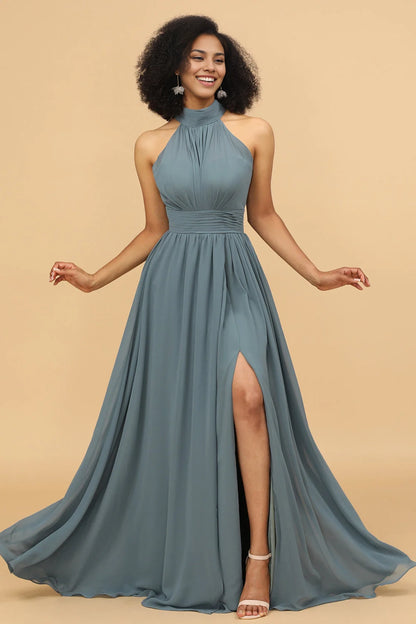 OKBBN charming backless pleated long chiffon slit Bridesmaid Dresses