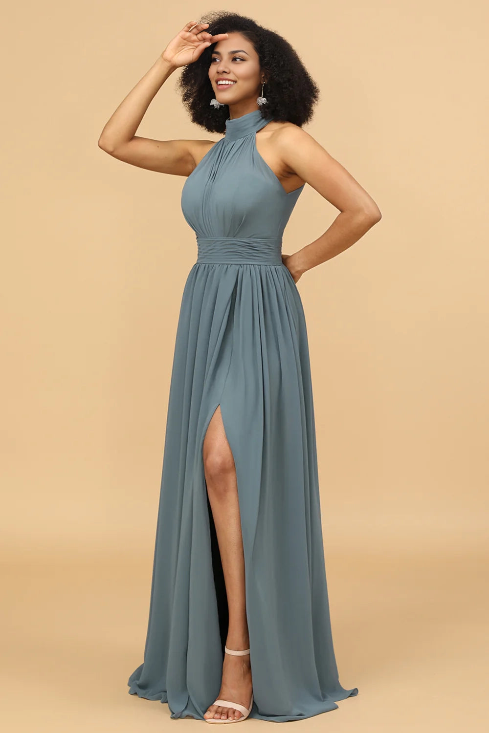 OKBBN charming backless pleated long chiffon slit Bridesmaid Dresses