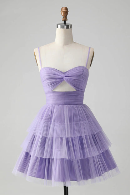 OKBBN charming chiffon A-line thin shoulder strap short cut hollow multi-layer Homecoming Dresses