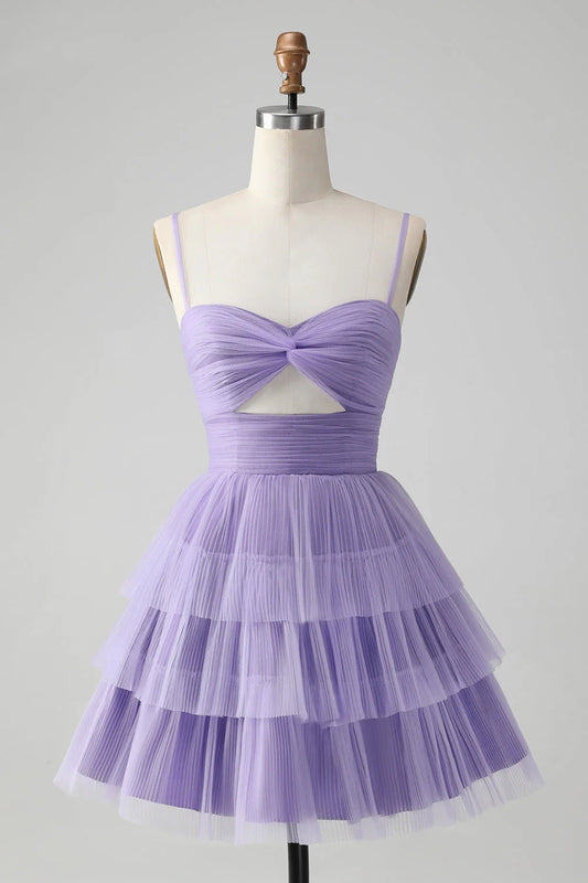 OKBBN charming chiffon A-line thin shoulder strap short cut hollow multi-layer Homecoming Dresses