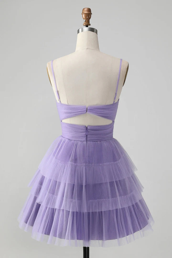 OKBBN charming chiffon A-line thin shoulder strap short cut hollow multi-layer Homecoming Dresses