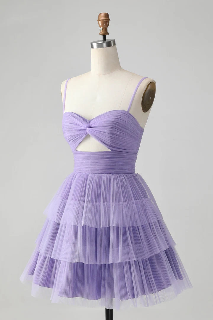 OKBBN charming chiffon A-line thin shoulder strap short cut hollow multi-layer Homecoming Dresses