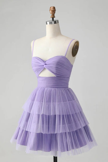 OKBBN charming chiffon A-line thin shoulder strap short cut hollow multi-layer Homecoming Dresses