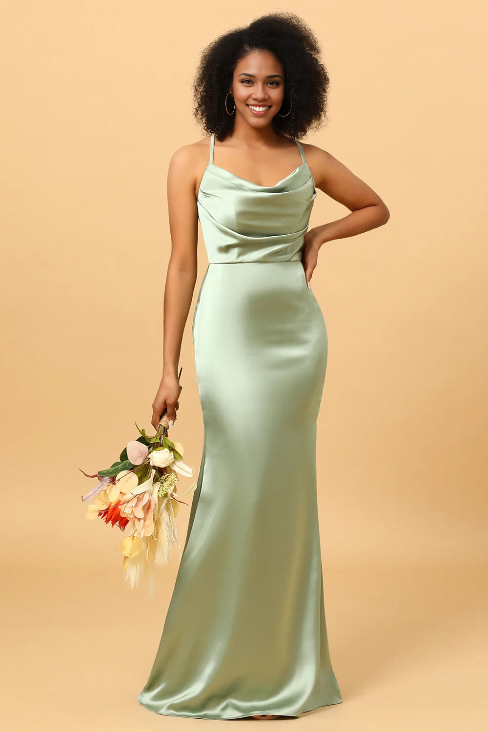 OKBBN charming mermaid neckline long satin thin shoulder straps sleeveless slim fit Bridesmaid Dresses