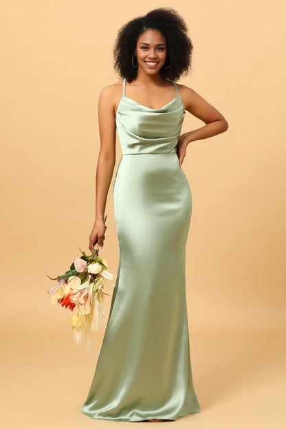 OKBBN charming mermaid neckline long satin thin shoulder straps sleeveless slim fit Bridesmaid Dresses