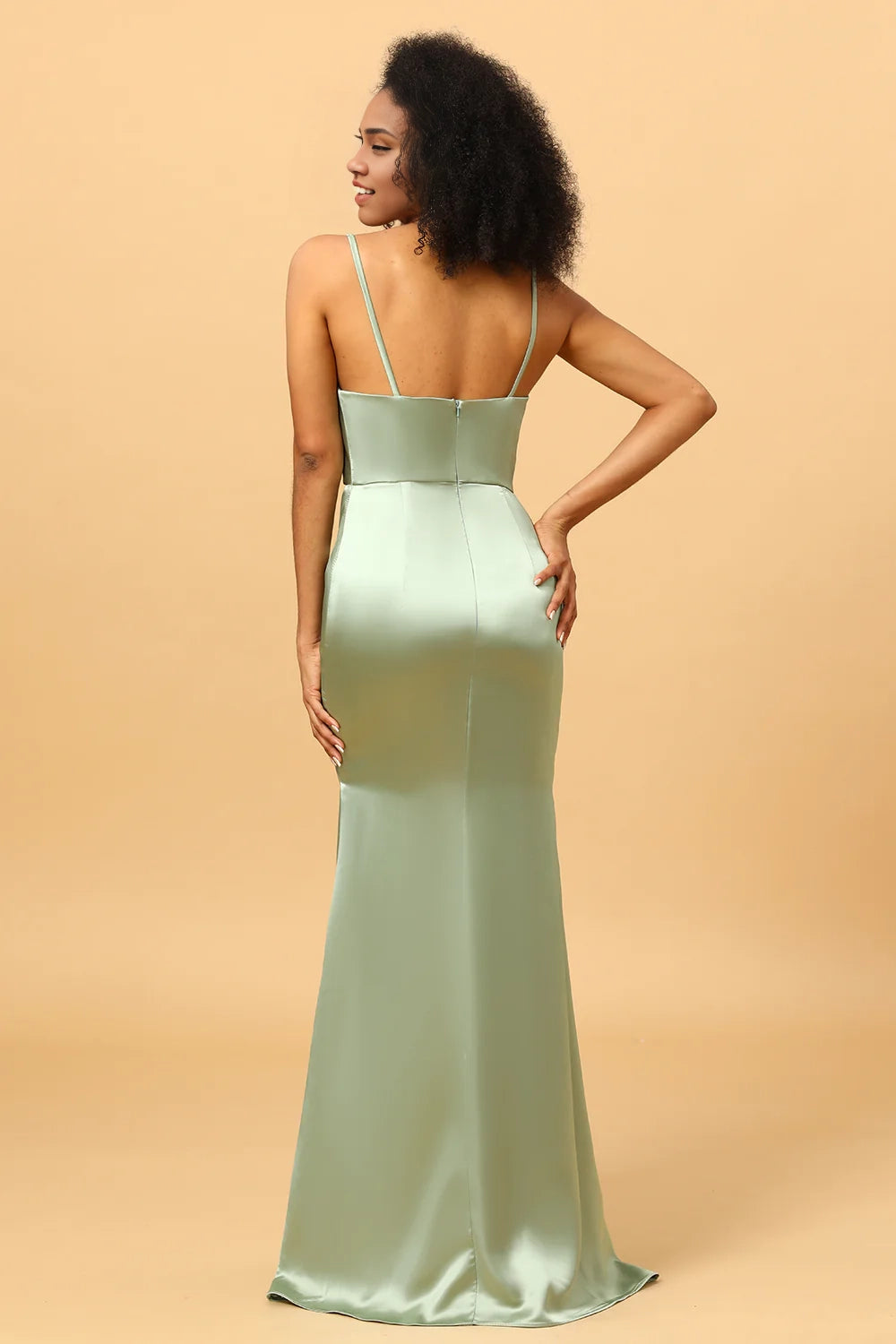 OKBBN charming mermaid neckline long satin thin shoulder straps sleeveless slim fit Bridesmaid Dresses