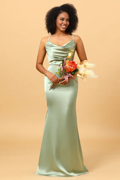 OKBBN charming mermaid neckline long satin thin shoulder straps sleeveless slim fit Bridesmaid Dresses