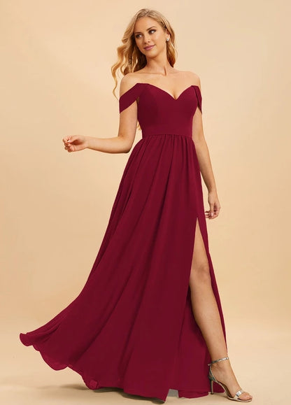 OKBBN charming off shoulder sleeveless pleated split V-neck Prom Dresses
