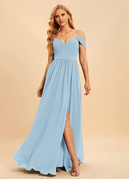 OKBBN charming off shoulder sleeveless pleated split V-neck Prom Dresses