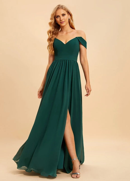 OKBBN charming off shoulder sleeveless pleated split V-neck Prom Dresses