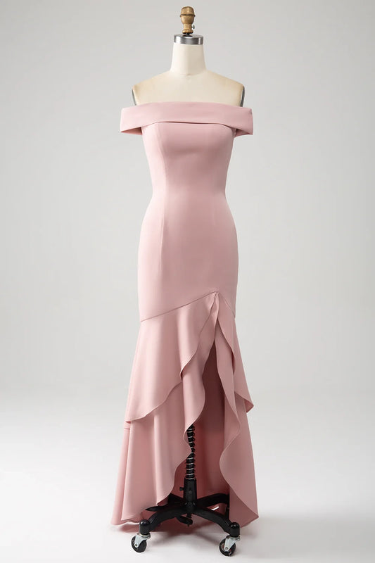 OKBBN charming ruffle trimming, low height, asymmetrical off shoulder Bridesmaid Dresses
