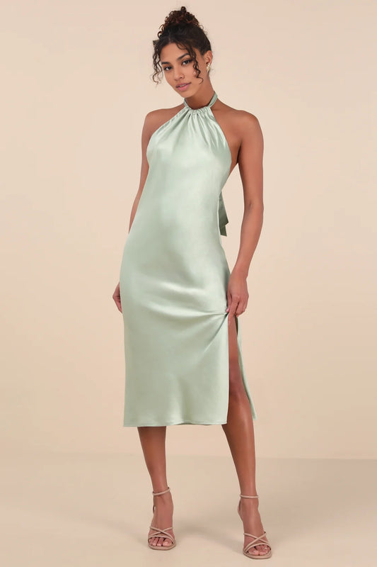 OKBBN charming satin backless hanging neck mid length Homecoming Dresses