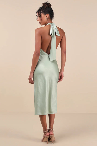 OKBBN charming satin backless hanging neck mid length Homecoming Dresses