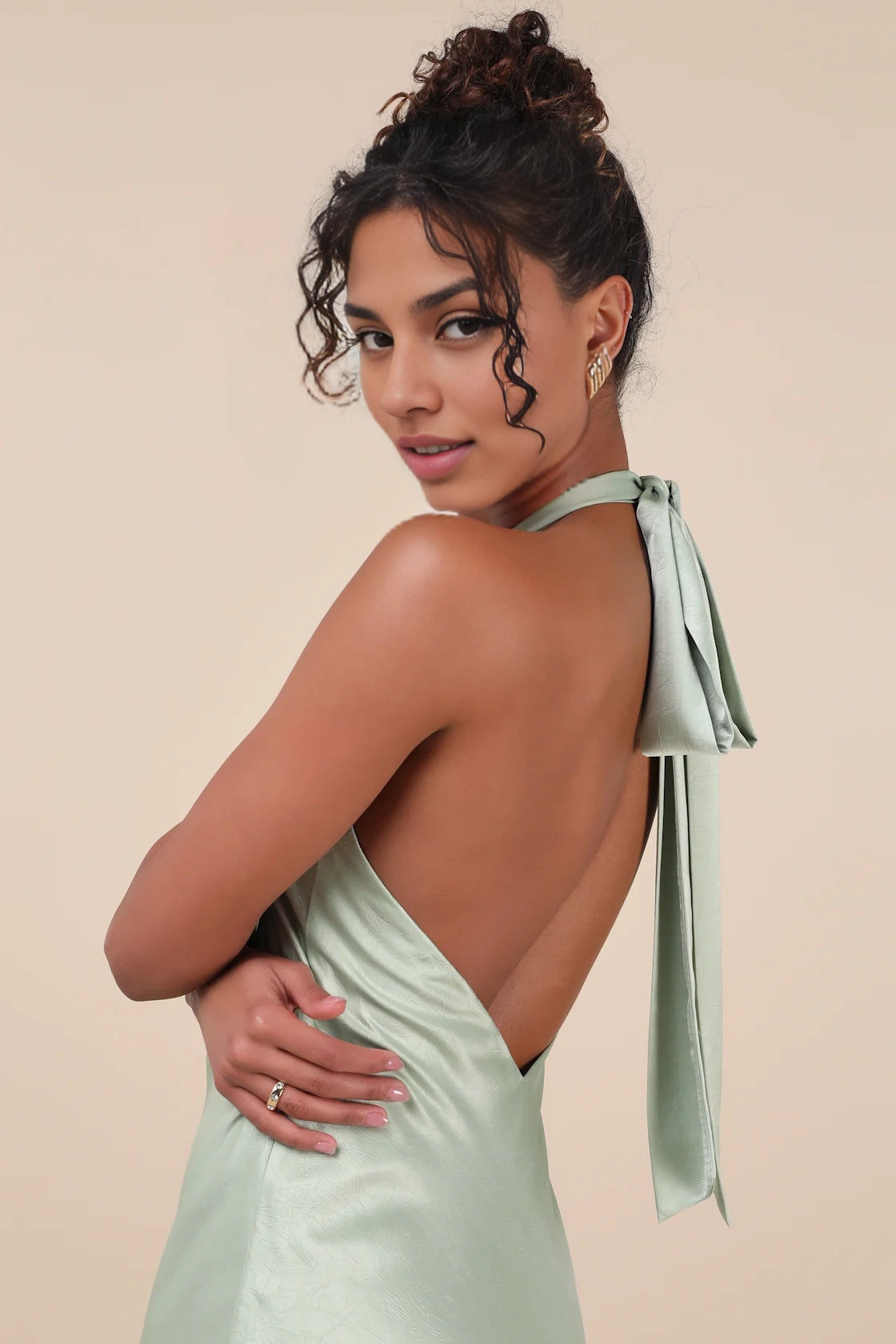 OKBBN charming satin backless hanging neck mid length Homecoming Dresses