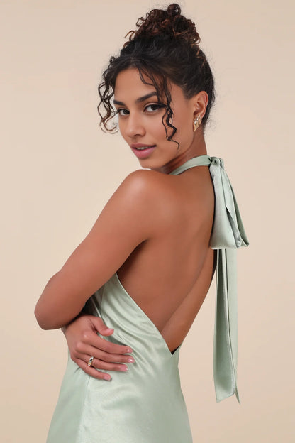 OKBBN charming satin backless hanging neck mid length Homecoming Dresses