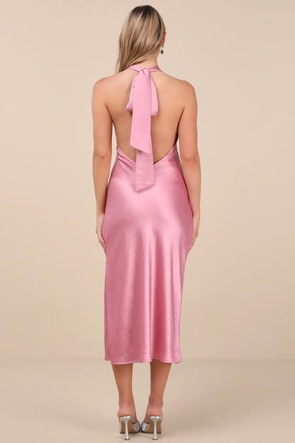 OKBBN charming satin backless hanging neck mid length Homecoming Dresses