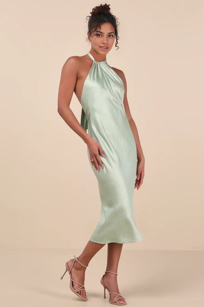 OKBBN charming satin backless hanging neck mid length Homecoming Dresses