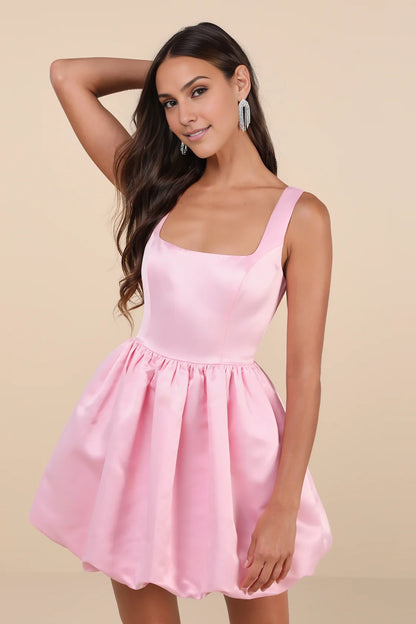 OKBBN charming satin square neck bubble hem mini Homecoming Dresses
