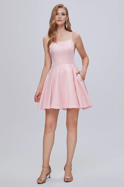 OKBBN charming slim shoulder strap A-line backless short style with back strap Homecoming Dresses