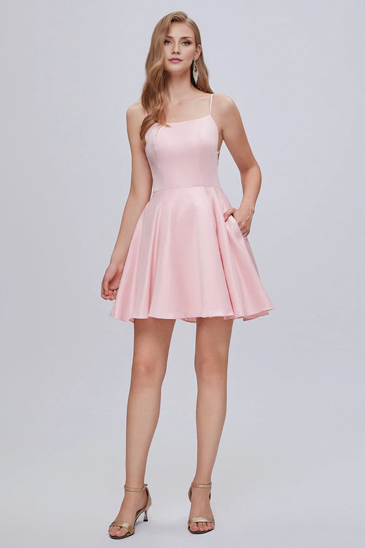 OKBBN charming slim shoulder strap A-line backless short style with back strap Homecoming Dresses