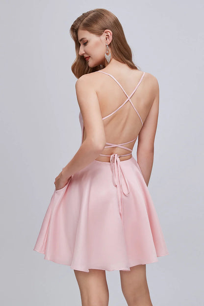 OKBBN charming slim shoulder strap A-line backless short style with back strap Homecoming Dresses