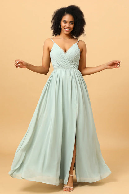 OKBBN charming thin shoulder strap pleated long chiffon slit Bridesmaid Dresses