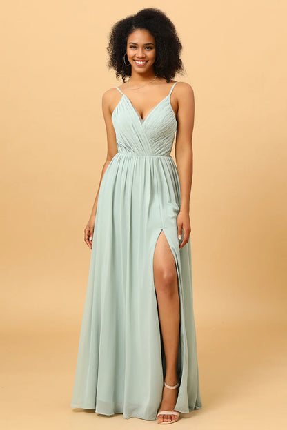 OKBBN charming thin shoulder strap pleated long chiffon slit Bridesmaid Dresses
