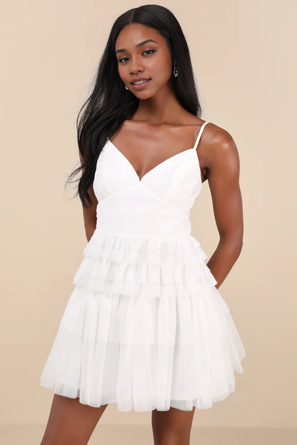 OKBBN charming thin shoulder straps, sheer folds, sleeveless layered mini Homecoming Dresses
